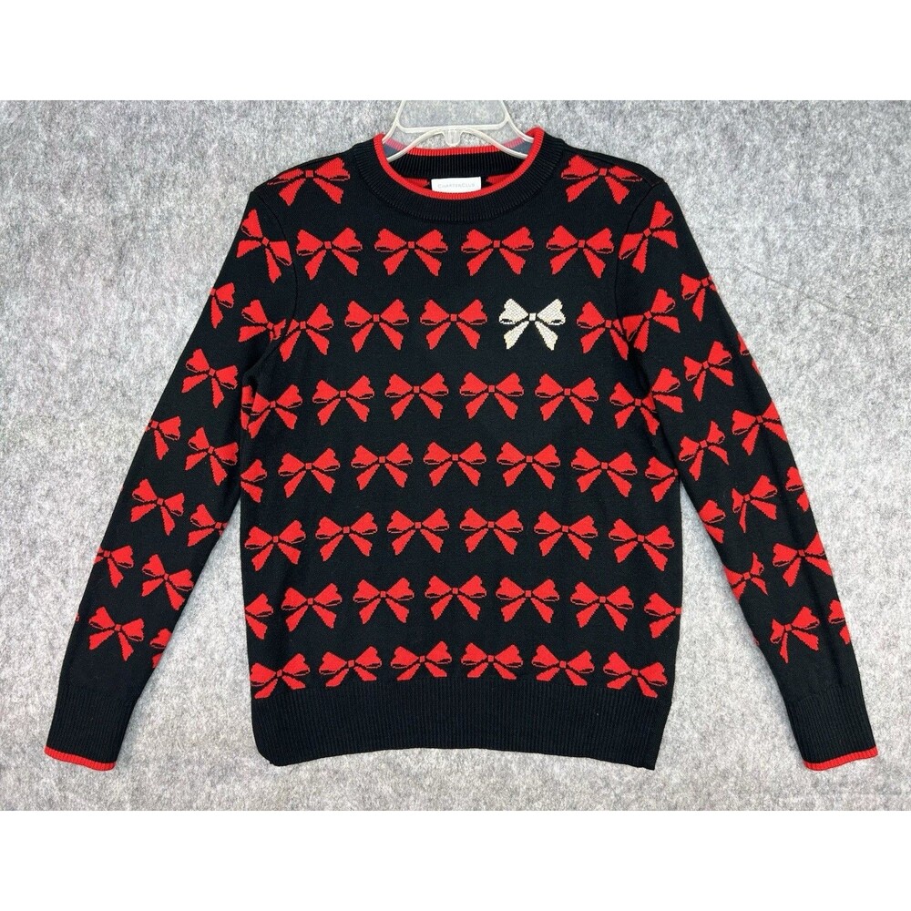 Charter Club Women's Sweater Crewneck Black Red Bow Pattern Rhinestone Size S